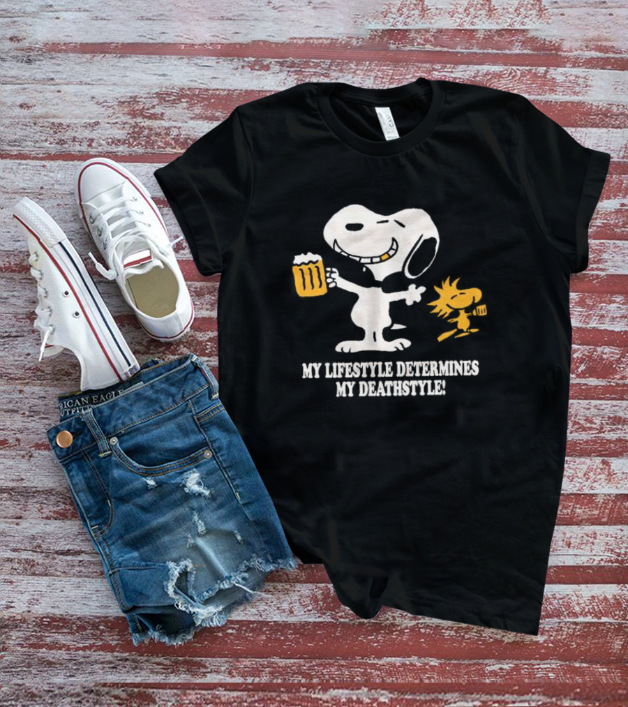 My Lifestyle Determines My Deathstyle Snoopy Woodstock Retro Comic Beer Mug T-Shirt