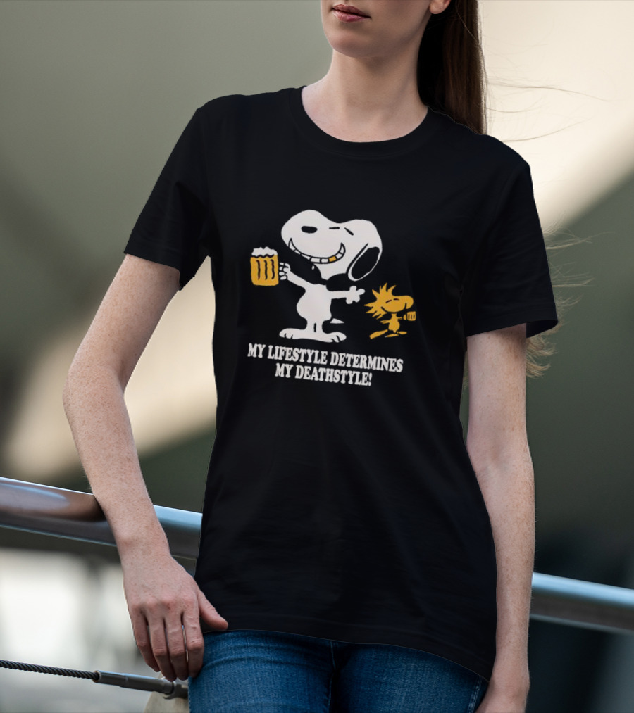 My Lifestyle Determines My Deathstyle Snoopy Woodstock Retro Comic Beer Mug T-Shirt