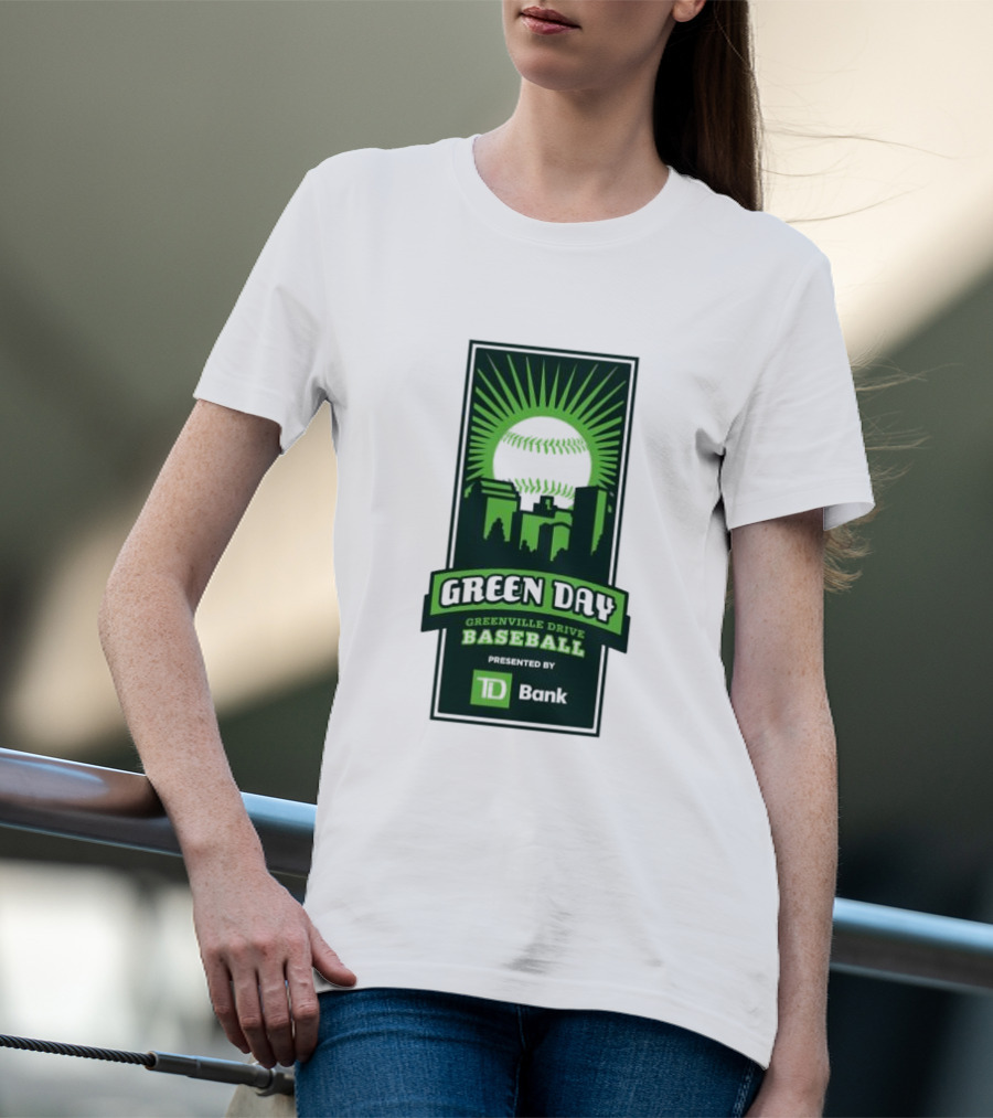 Green Day Greenville Drive Baseball Presented By TD Bank Skyline Baseball Sunburst T-Shirt