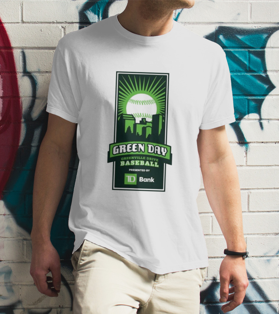 Green Day Greenville Drive Baseball Presented By TD Bank Skyline Baseball Sunburst T-Shirt