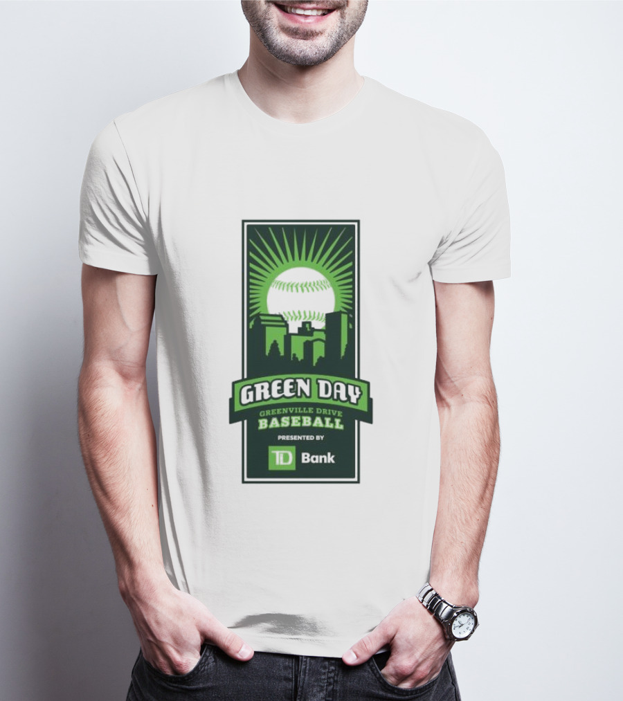 Green Day Greenville Drive Baseball Presented By TD Bank Skyline Baseball Sunburst T-Shirt