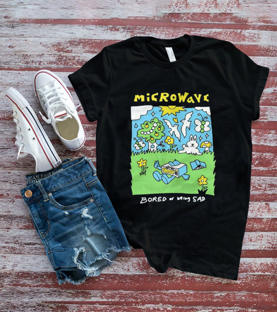 Microwave Bored Of Being Sad Colorful Cartoon Landscape With Sun And Bunny T-Shirt