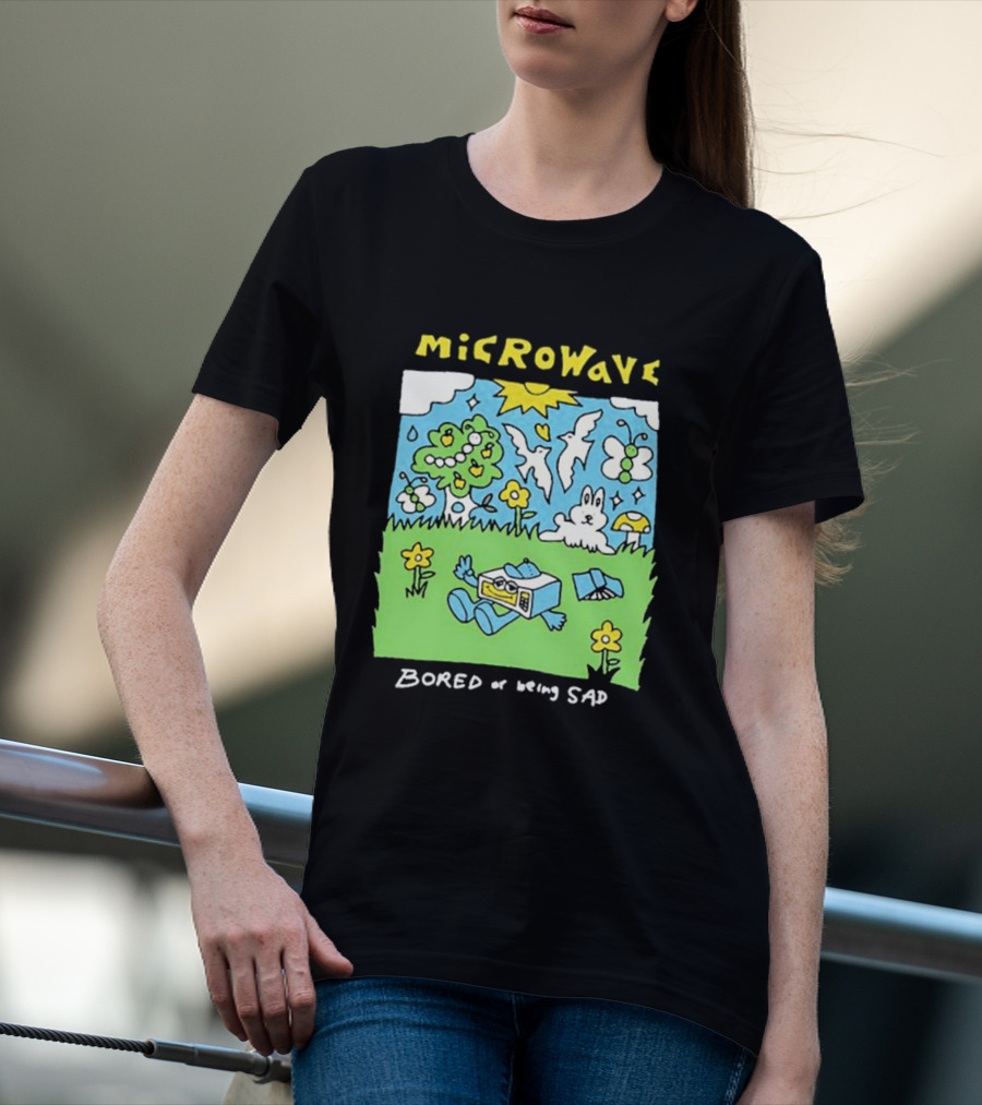 Microwave Bored Of Being Sad Colorful Cartoon Landscape With Sun And Bunny T-Shirt