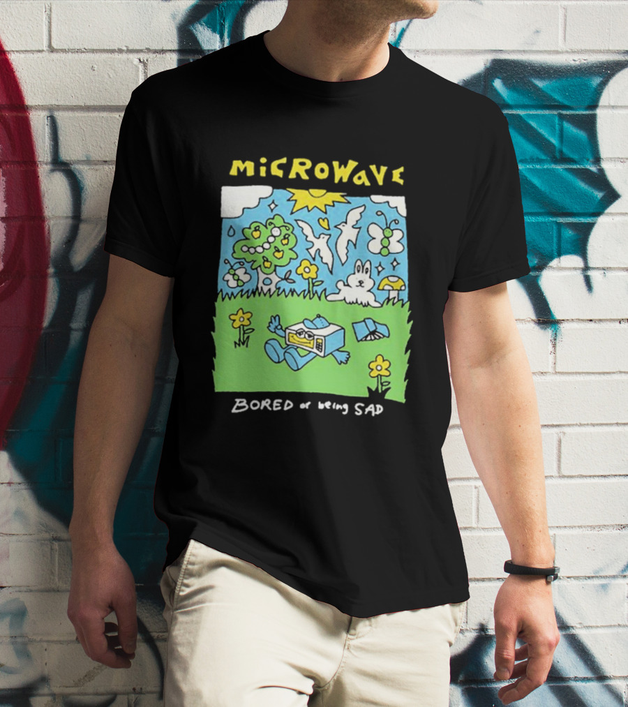 Microwave Bored Of Being Sad Colorful Cartoon Landscape With Sun And Bunny T-Shirt
