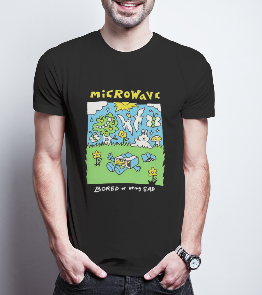 Microwave Bored Of Being Sad Colorful Cartoon Landscape With Sun And Bunny T-Shirt