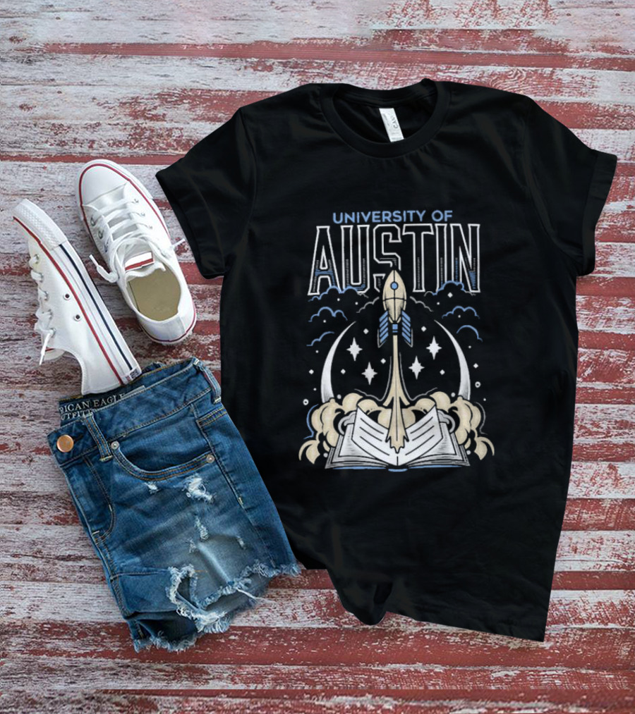 University Of Austin Rocket Book Imagery With Stars And Clouds T-Shirt
