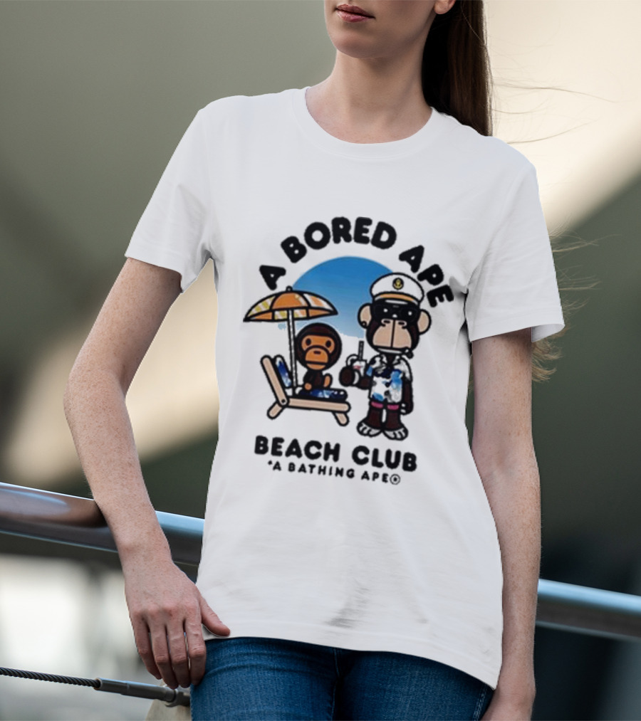 A Bored Ape Beach Club A Bathing Ape Officer And Relaxing Ape Scene T-Shirt