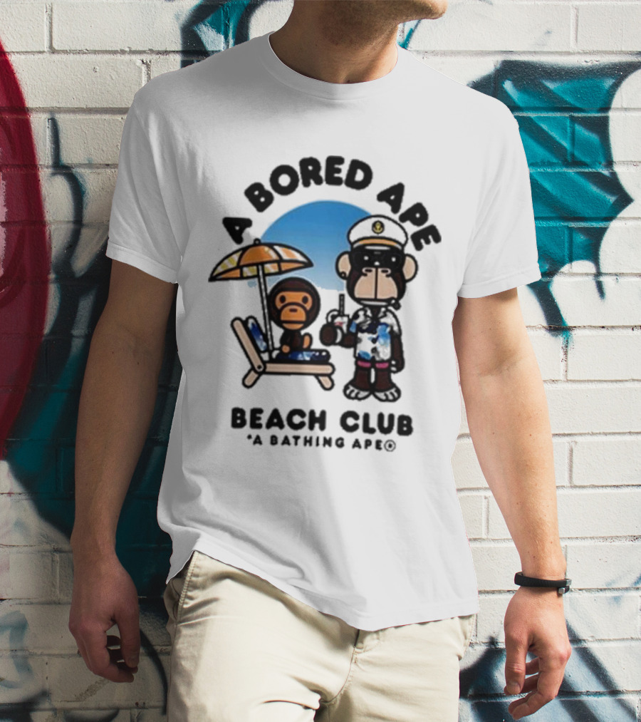 A Bored Ape Beach Club A Bathing Ape Officer And Relaxing Ape Scene T-Shirt