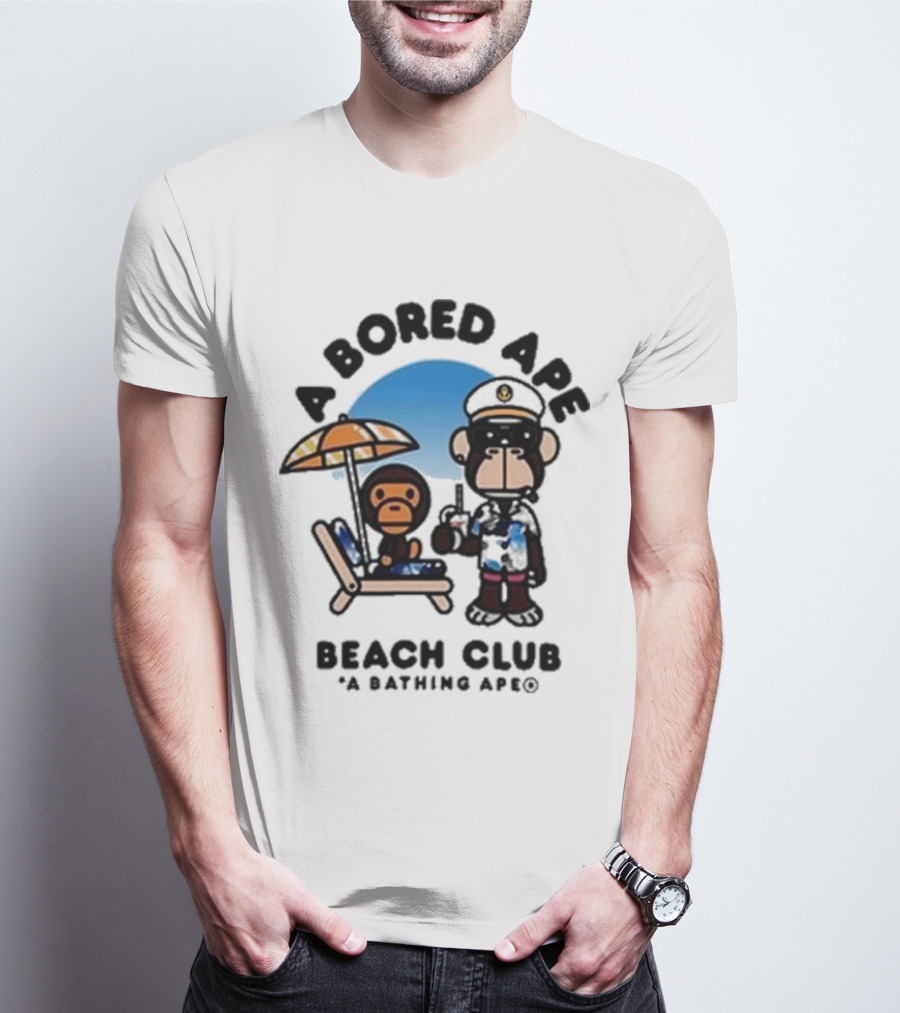 A Bored Ape Beach Club A Bathing Ape Officer And Relaxing Ape Scene T-Shirt