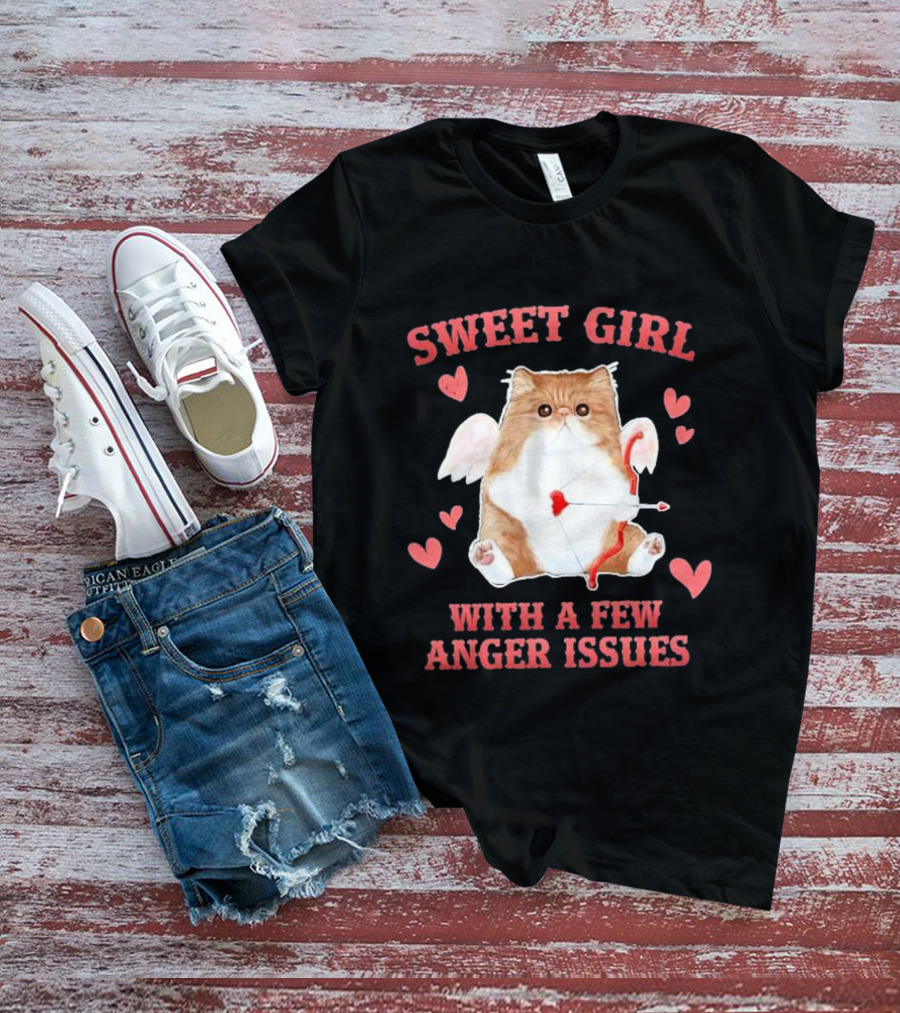 Sweet Girl With A Few Anger Issues Cat With Bow And Arrow Vintage Hearts T-Shirt