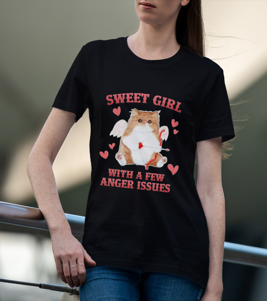 Sweet Girl With A Few Anger Issues Cat With Bow And Arrow Vintage Hearts T-Shirt