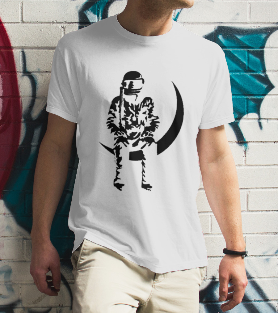 To The Stars Moon Man Astronaut Sitting On Crescent Ocean Blue T-Shirt