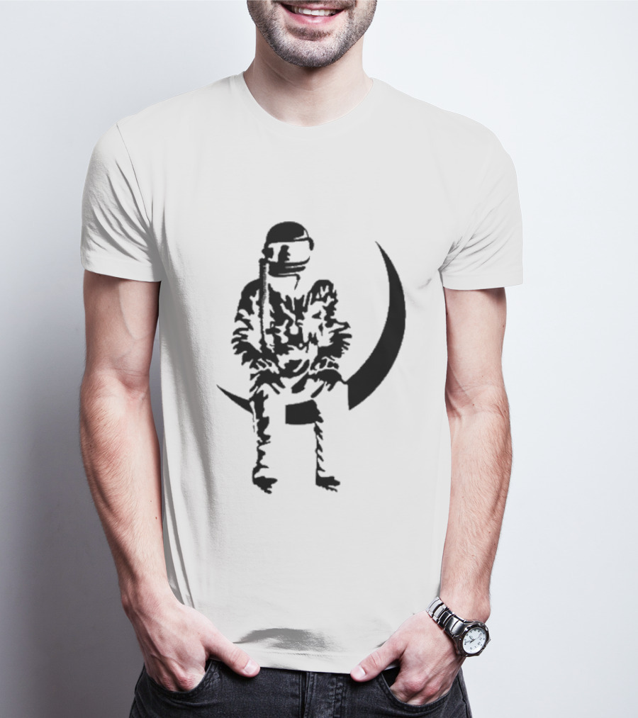 To The Stars Moon Man Astronaut Sitting On Crescent Ocean Blue T-Shirt