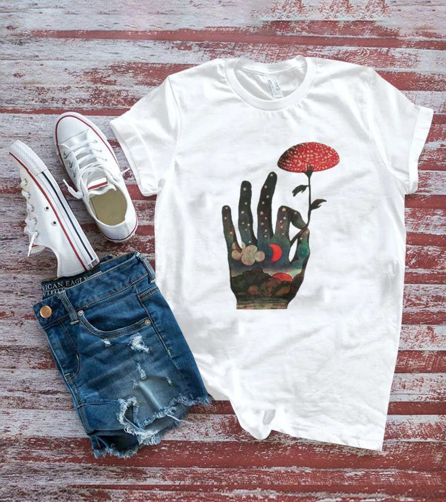 Fly Agaric Psychedelic Hand With Night Sky And Moon T-Shirt