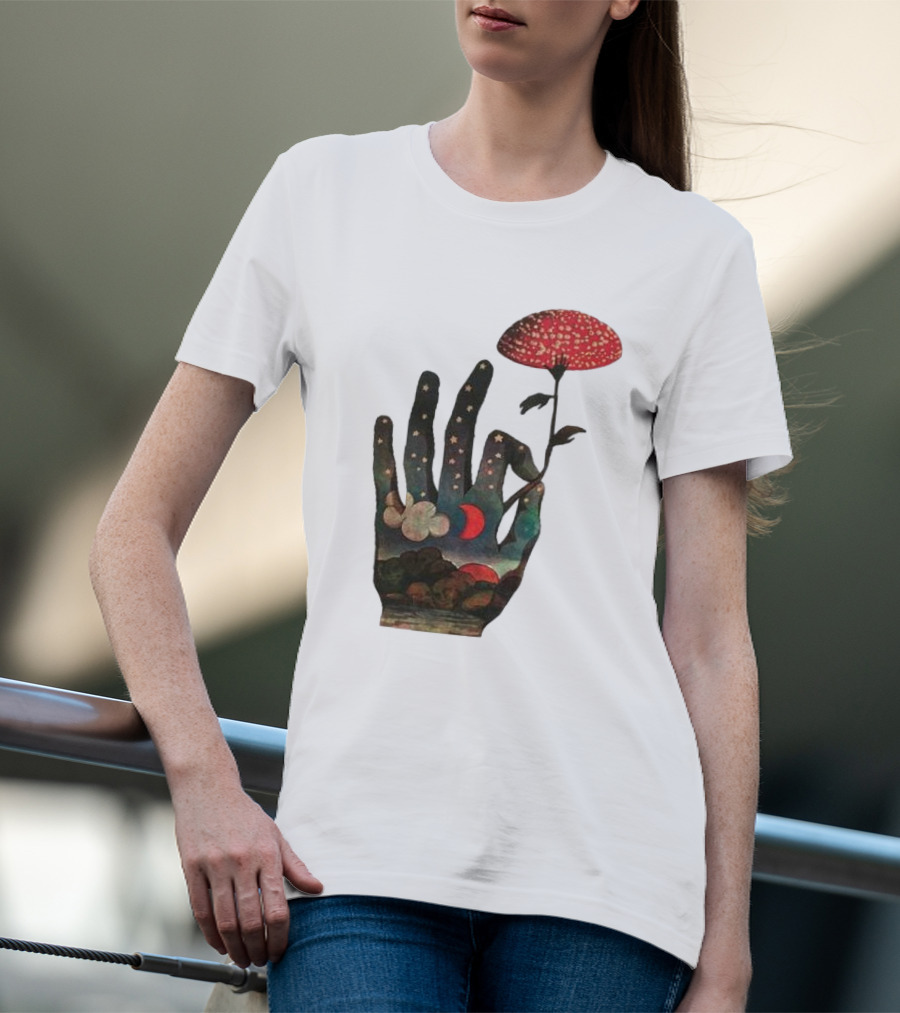 Fly Agaric Psychedelic Hand With Night Sky And Moon T-Shirt