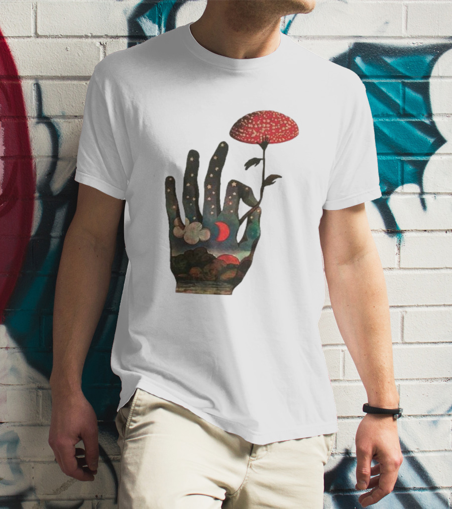 Fly Agaric Psychedelic Hand With Night Sky And Moon T-Shirt