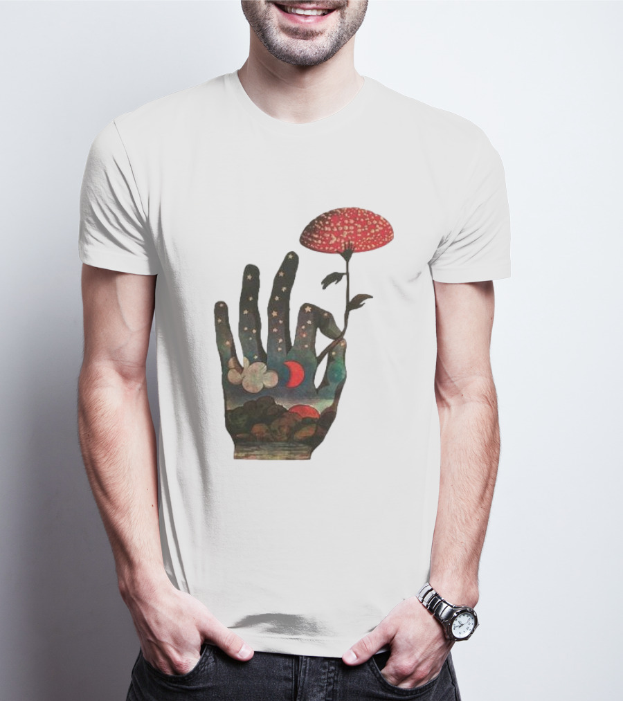 Fly Agaric Psychedelic Hand With Night Sky And Moon T-Shirt