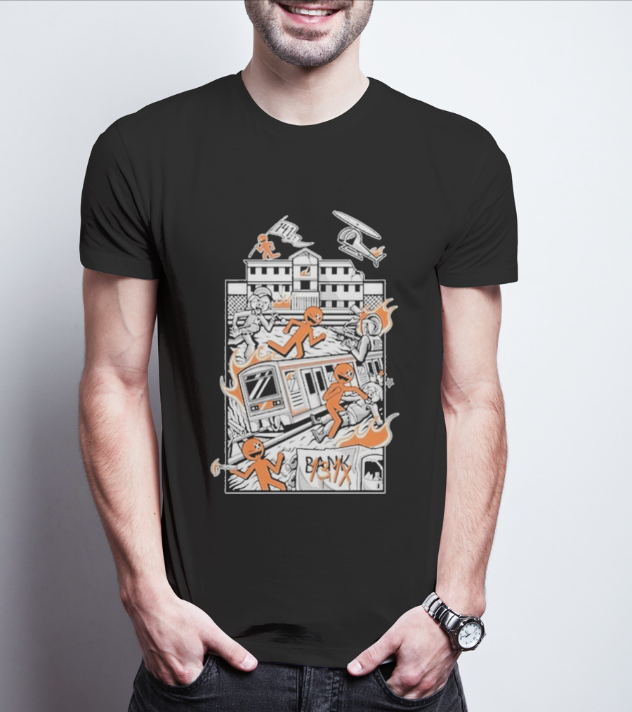 Dani Gambino Stick Figures Chaos Fire Helicopter Bank T-Shirt
