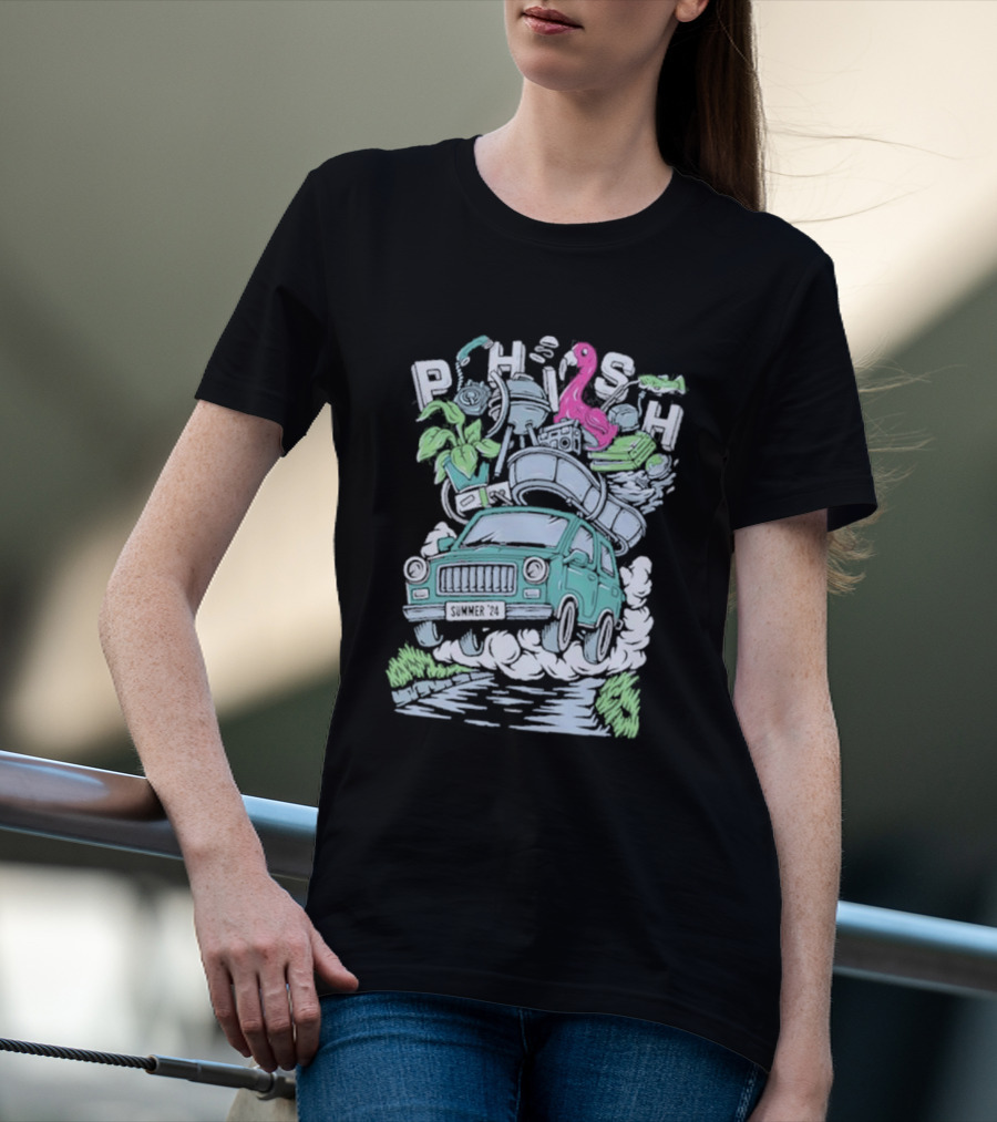 Phish Summer 24 Impossible Road Trip Van With Flamingo And Floating Gear T-Shirt