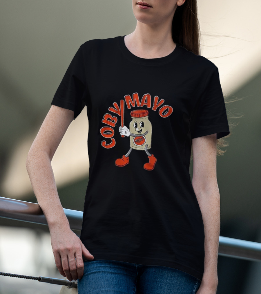 Coby Mayo Cartoon Baseball Jar With Red Letters And Bat T-Shirt
