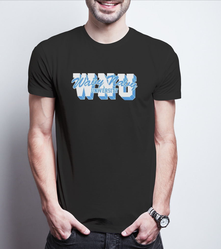 Wavy Navy University WNU Bold 3D Bold Blue Text T-Shirt