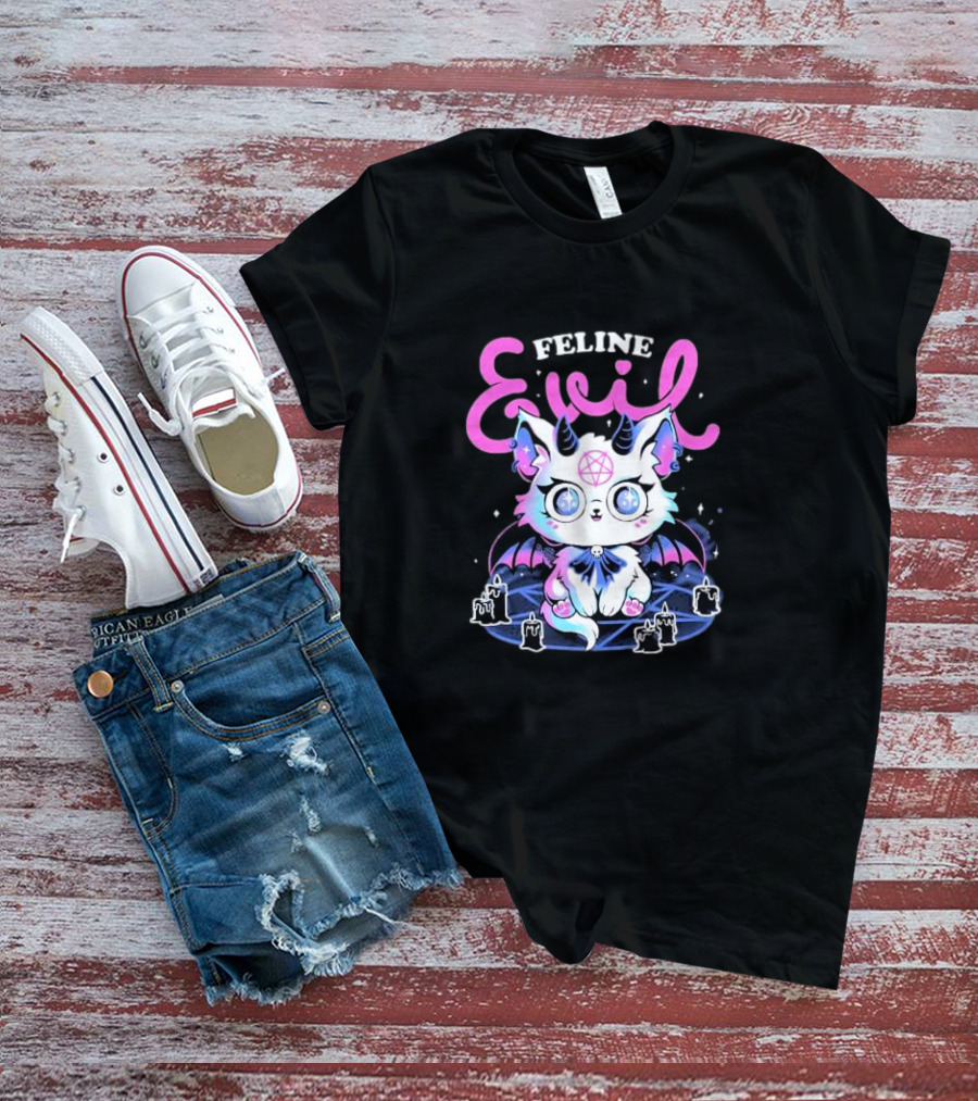 Feline Evil Cute Devil Cat With Pentagram And Bat Wings T-Shirt