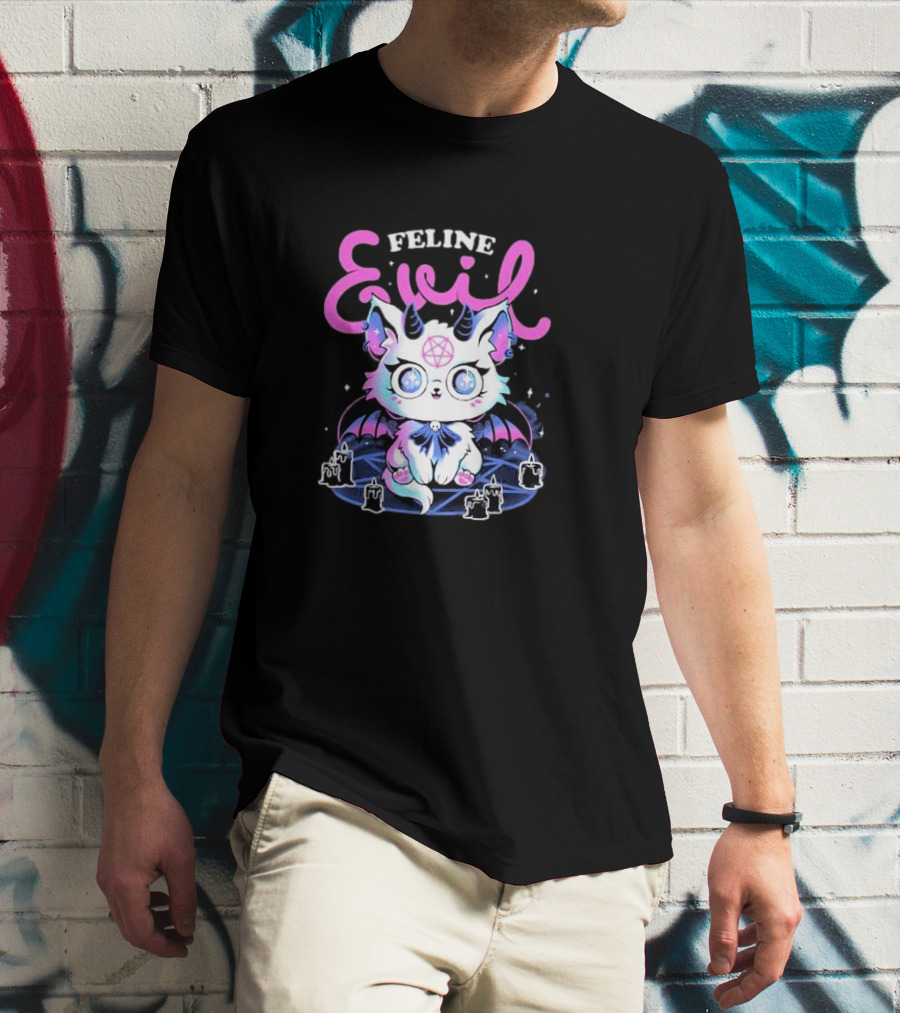 Feline Evil Cute Devil Cat With Pentagram And Bat Wings T-Shirt