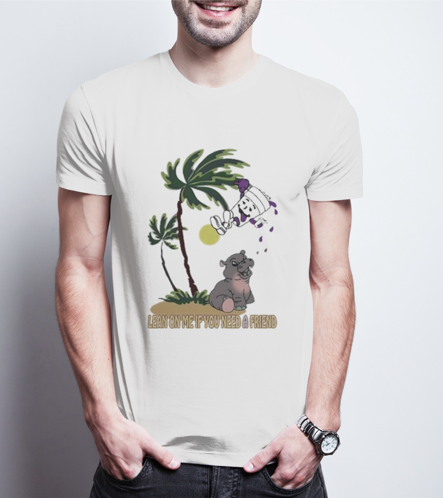 Grapejuiceboys Lean On Me If You Need A Friend Moo Deng Palm Tree Tropical Scene T-Shirt