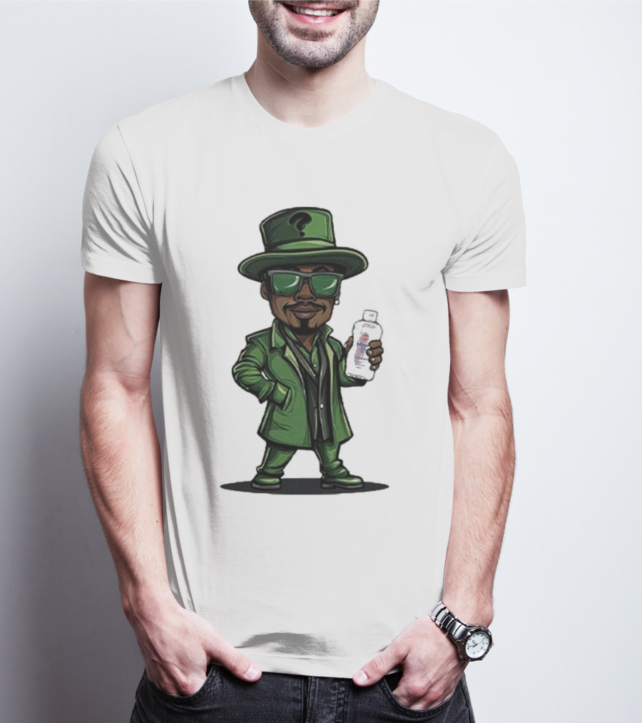 Little Diddler Holding Baby Oil In Green Outfit With Question Mark Hat T-Shirt