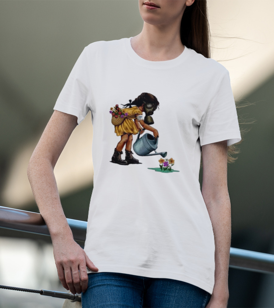 Stick To Your Guns Keep Planting Flowers Girl With Gas Mask Watering Flowers T-Shirt