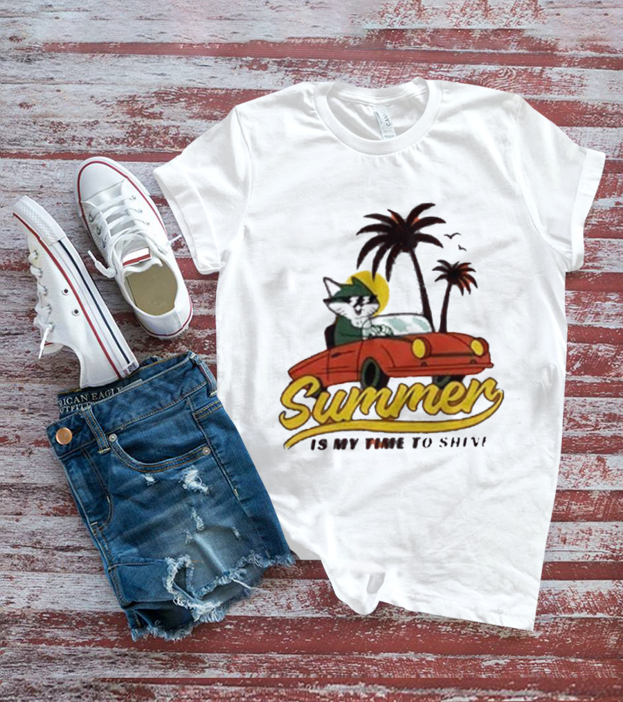 Summer Is My Time To Shine Cat In Car With Palm Trees T-Shirt