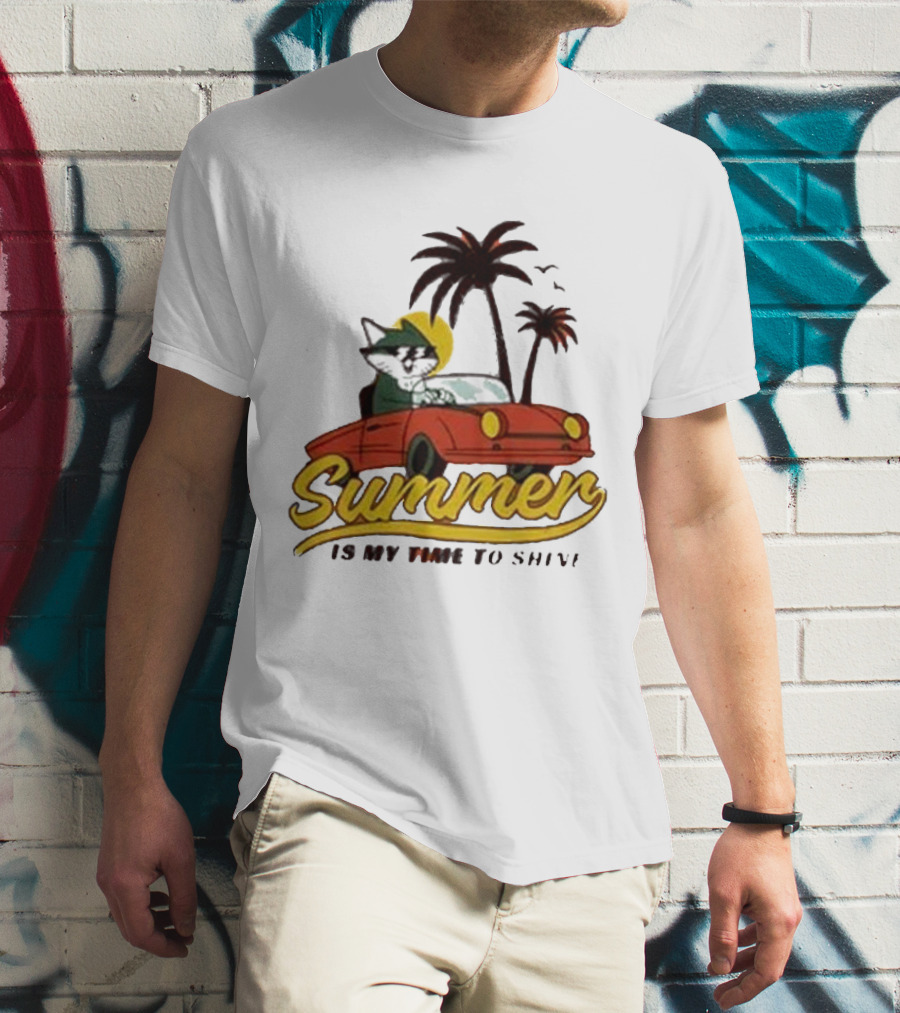 Summer Is My Time To Shine Cat In Car With Palm Trees T-Shirt