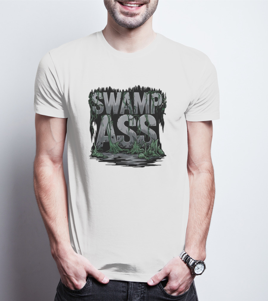 SWAMP ASS Moss-Covered Letters With Water And Grass T-Shirt