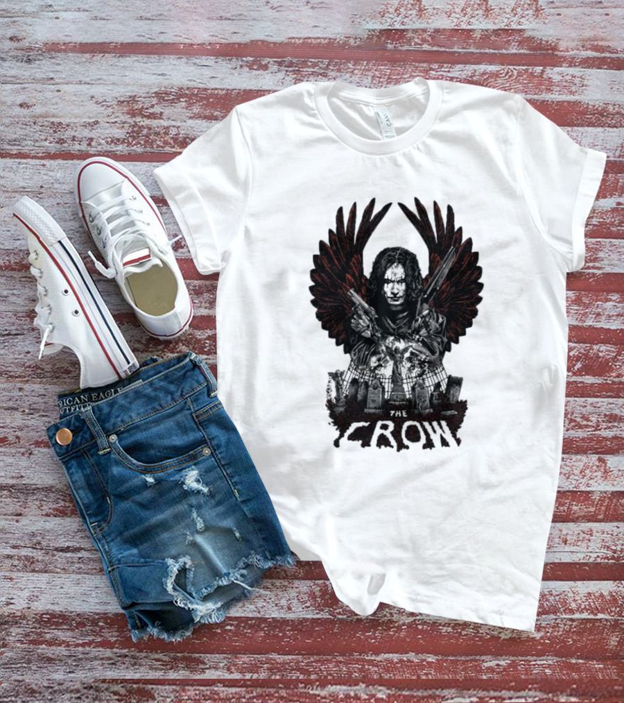 The Crow Winged Figure With Cemetery Background And Gothic Text The Crow T-Shirt