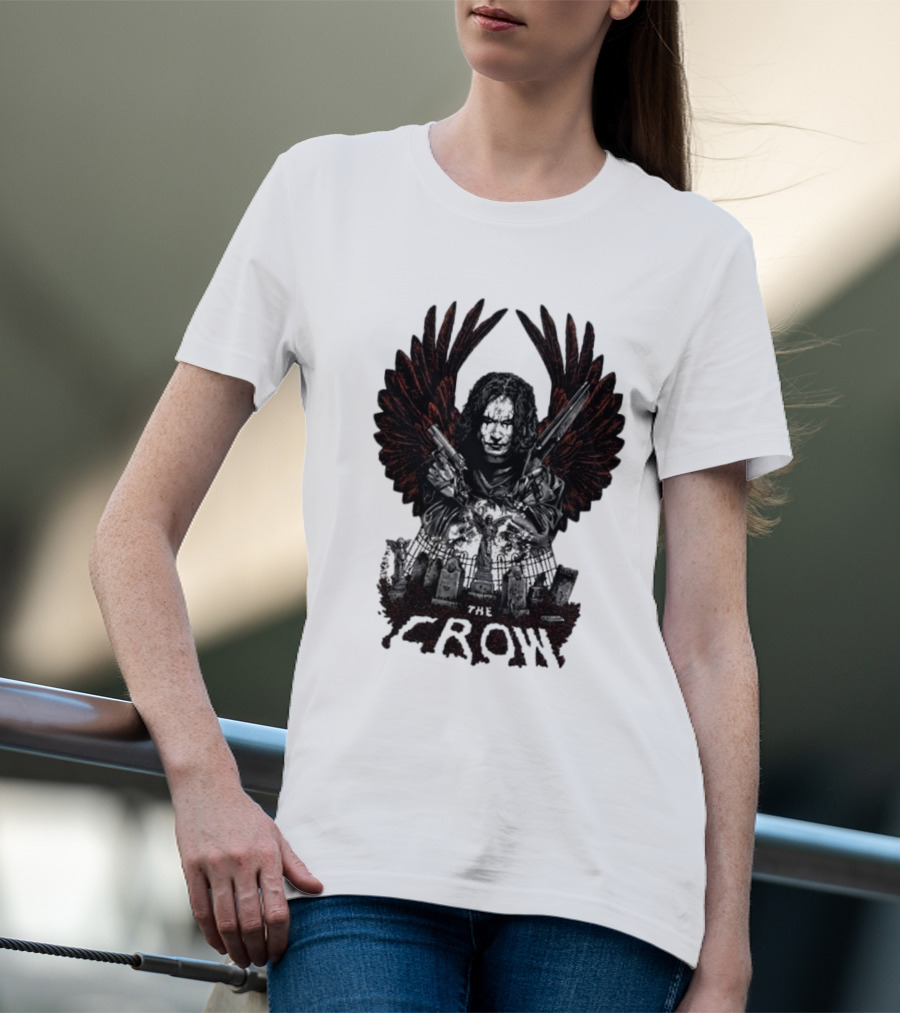 The Crow Winged Figure With Cemetery Background And Gothic Text The Crow T-Shirt