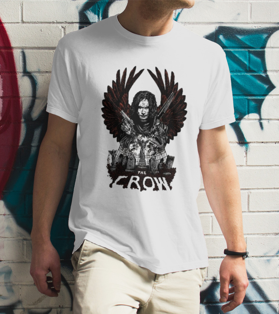 The Crow Winged Figure With Cemetery Background And Gothic Text The Crow T-Shirt