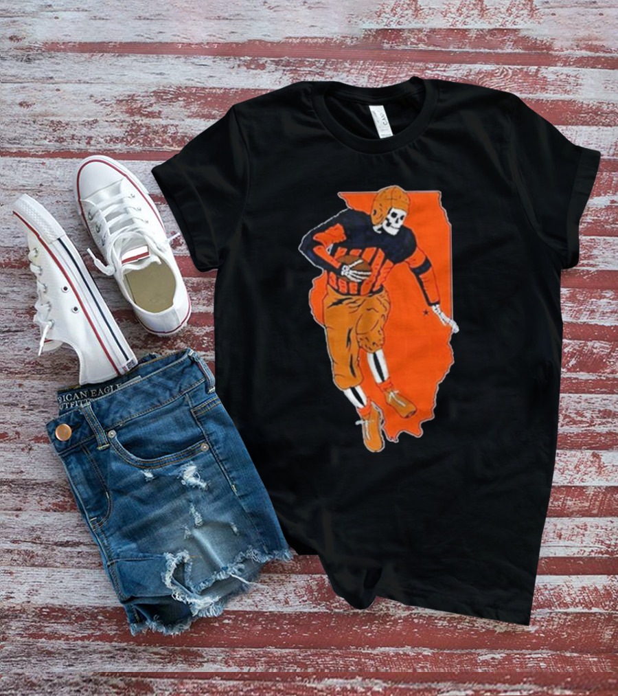 Il Football Pocket Skeleton Player Over Illinois Map T-Shirt