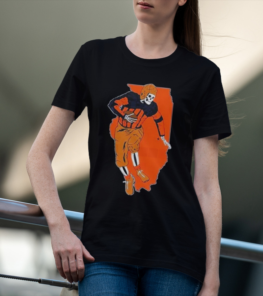 Il Football Pocket Skeleton Player Over Illinois Map T-Shirt