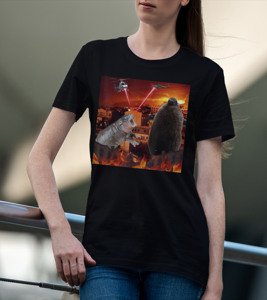 Moo Deng And Pesto Battle Urban Showdown With Helicopters And Laser Beams T-Shirt