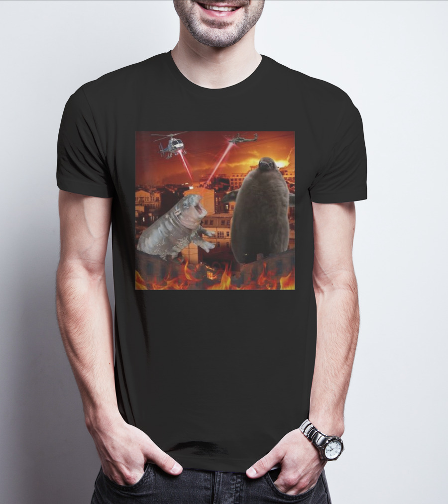 Moo Deng And Pesto Battle Urban Showdown With Helicopters And Laser Beams T-Shirt
