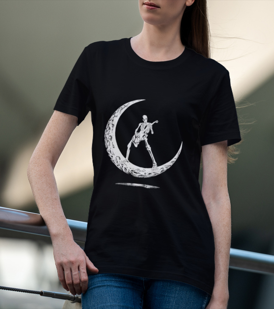 Skeleton Playing Guitar On Crescent Moon Rock And Roll Band T-Shirt