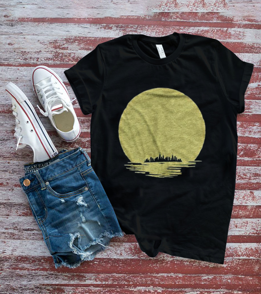 Michigan Skyline Reflected Under Golden Moon T-Shirt