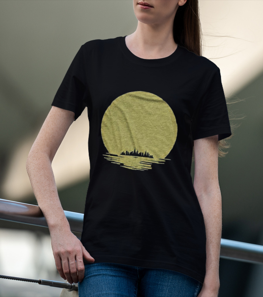 Michigan Skyline Reflected Under Golden Moon T-Shirt
