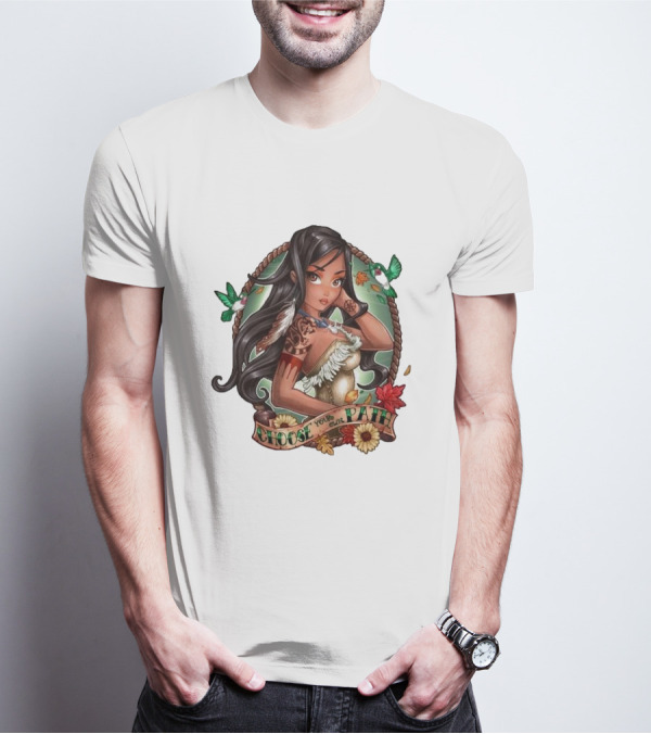 Pocahontas Choose Your Own Path Autumn Leaves Green Hummingbirds Tattoo Flowers T-Shirt