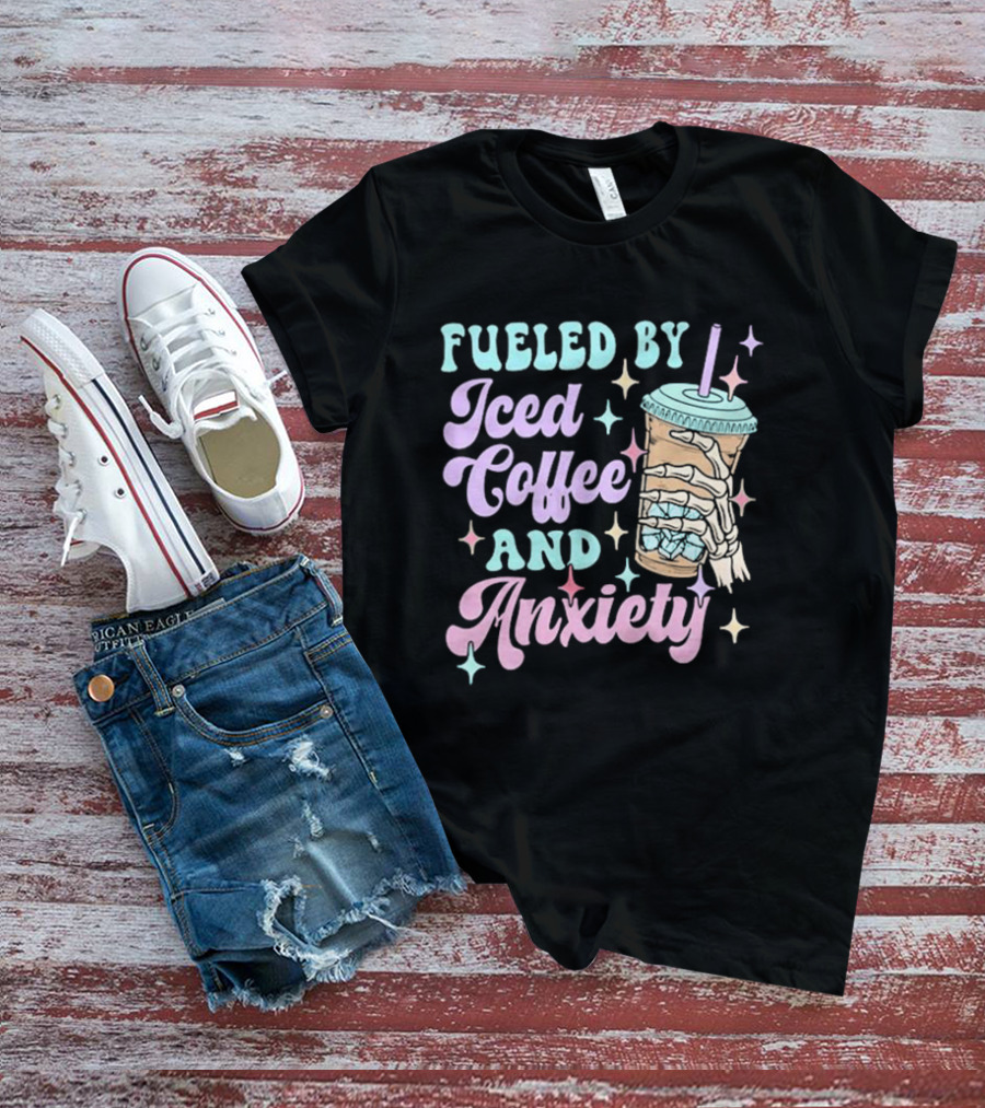 Fueled By Iced Coffee And Anxiety Skeleton Hand Pastel Aesthetic T-Shirt