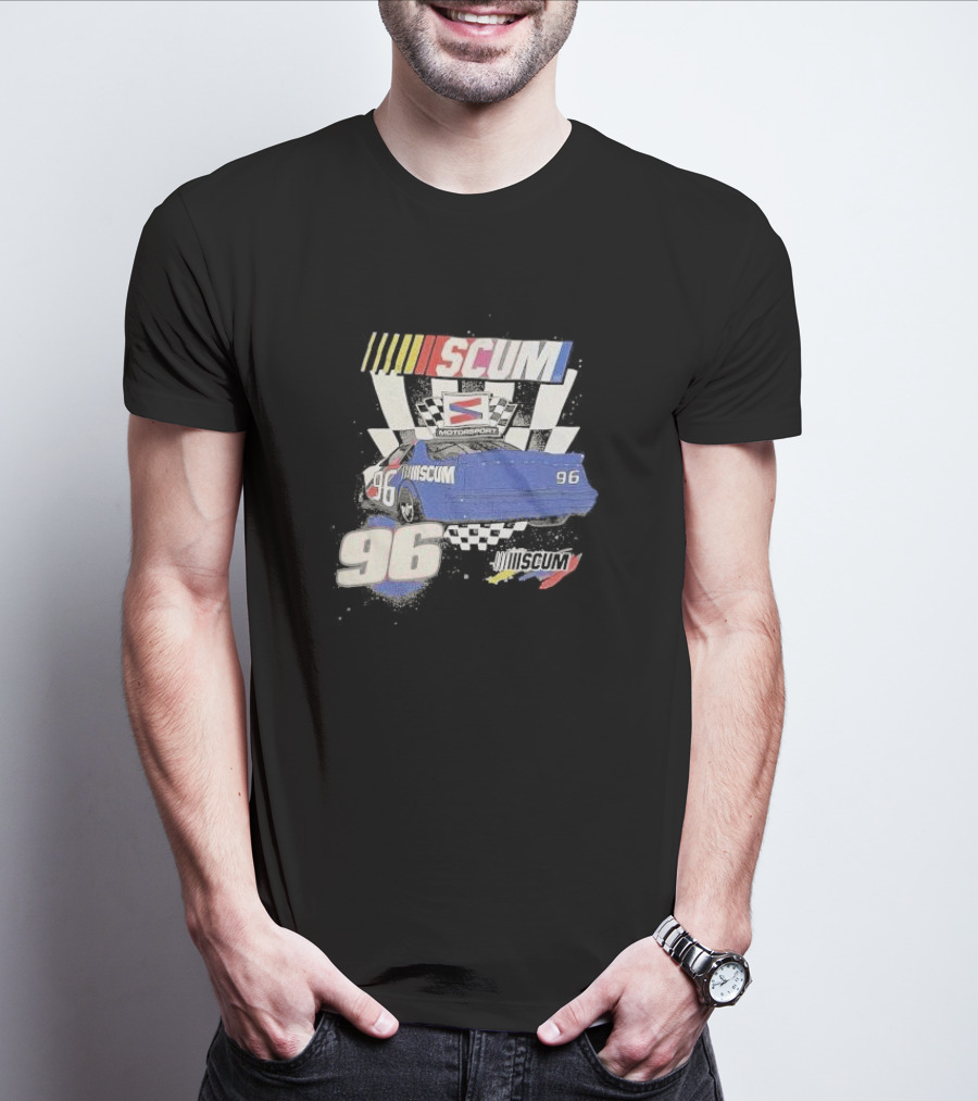 SCUM Motorsports Racing 96 Checkered Flag Car Print T-Shirt