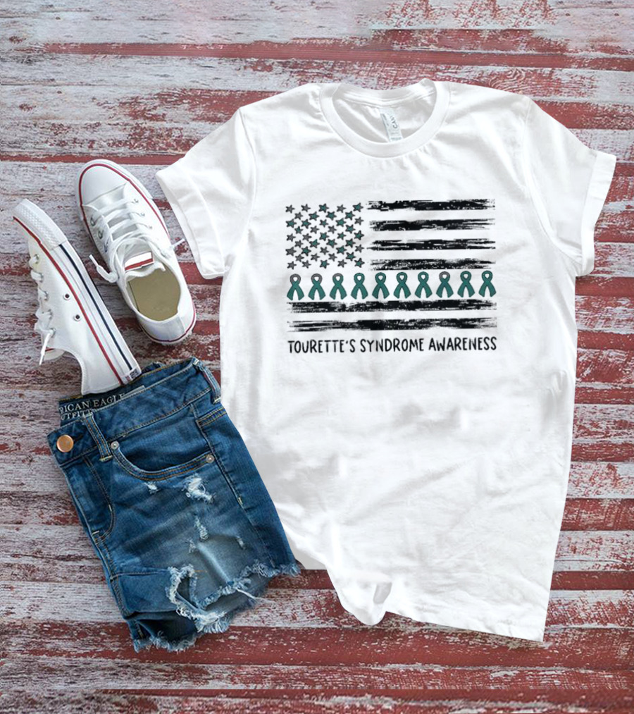 Tourette's Syndrome Awareness Flag With Teal Ribbons And Stars T-Shirt