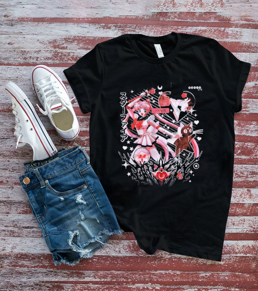 Darko Band Sm Starfire Japanese Text Sailor Moon Luna Hearts Moons Red Pink Black T-Shirt
