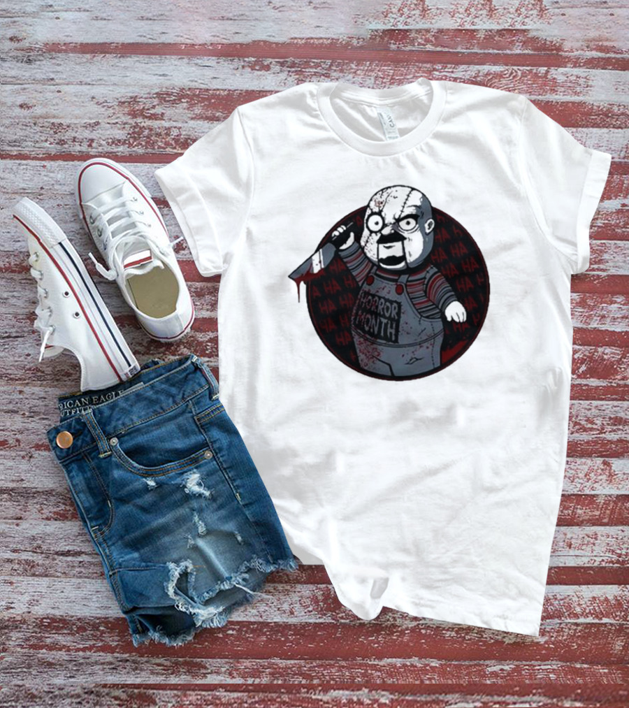 Horror Month Screen Printed Bloody Knife HA HA Masked Character T-Shirt