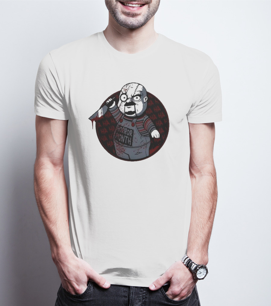 Horror Month Screen Printed Bloody Knife HA HA Masked Character T-Shirt